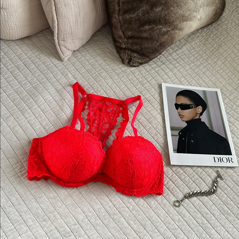 Pink Victoria Y2K secret bright red floral lace date racerback bra 36D NWT